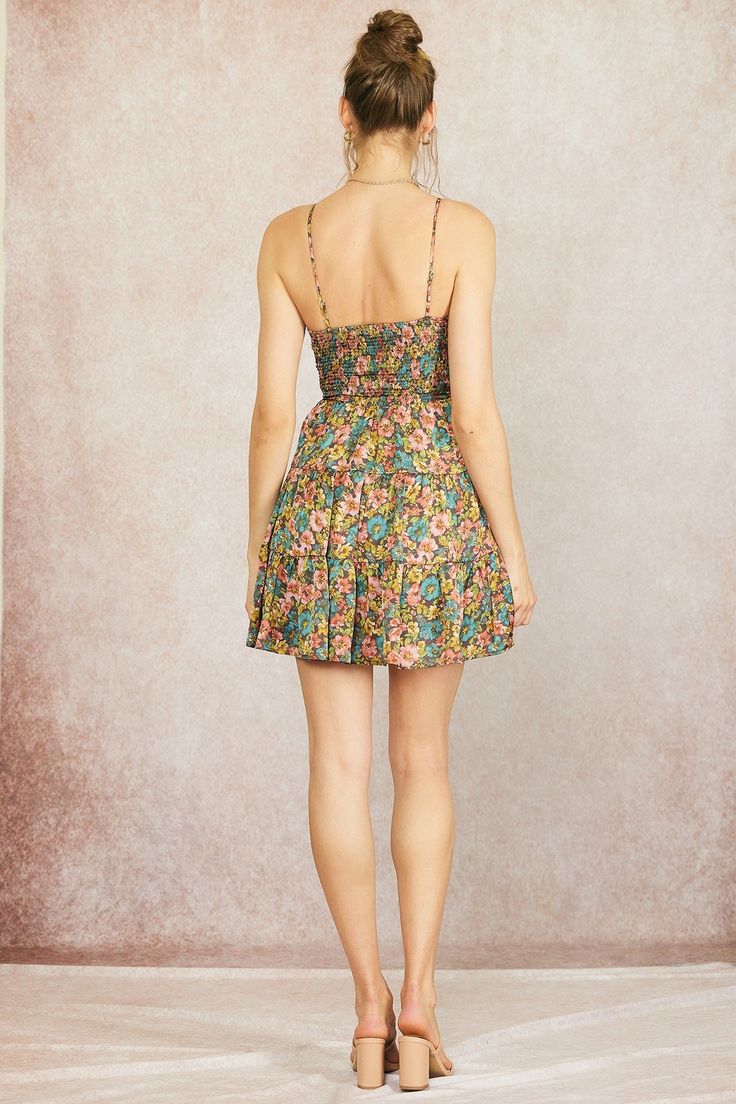 A printed dress featuring satin fabric, cut-out, adjustable drawstring tie at front, ruffled, sleeveless, elastic waistband, smocking band at back, and lined. Hello Saturday, Cutout Mini Dress, Old Days, The Old Days, Real Vintage, Fashion Fits, Printed Dress, Tiered Skirt, Saturday Night