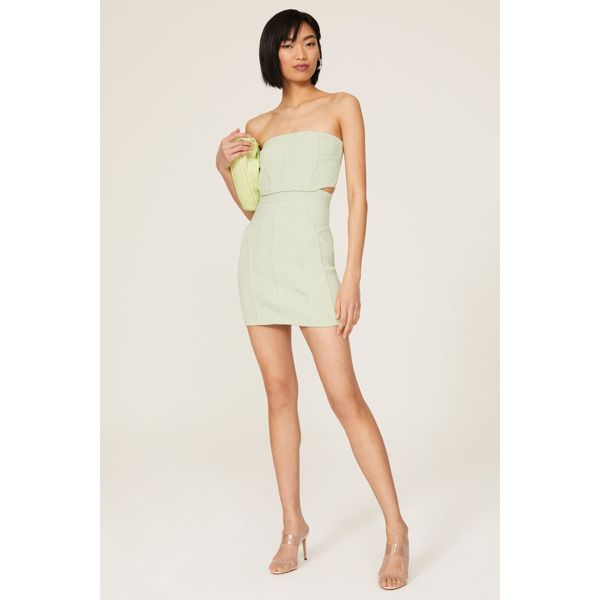 Green knit (74% Cotton, 25% Nylon, 1% Spandex). Sheath. Strapless. Sleeveless. Back zipper closure. 25" from bust to hemline. Imported. Fitted Sheath Strapless Dress For Summer, Chic Fitted Strapless Sleeveless Dress, Green Mini Dress With Straight Neckline For Cocktail, Bodycon Strapless Sheath Dress For Summer, Summer Bodycon Sheath Strapless Dress, Fitted Strapless Sheath Dress For Date Night, Fitted Strapless Mini Dress Lined, Spring Sleeveless Bodycon Dress With Fitted Bodice, Strapless Bodycon Mini Dress Lined