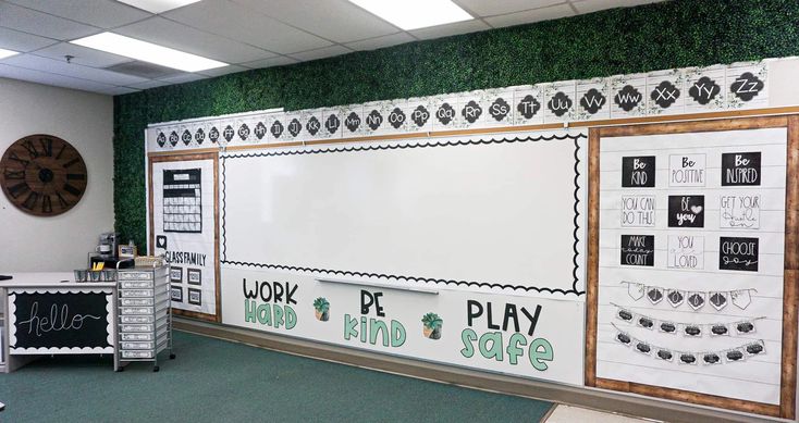 a white board with writing on it next to a green carpeted floor in an office