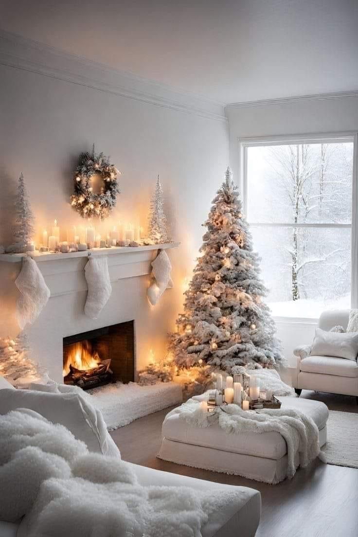 a living room decorated for christmas with white furniture and lights on the fireplace mantel