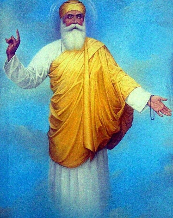 a painting of a man with white hair and beard wearing a yellow robe, standing in front of a blue sky