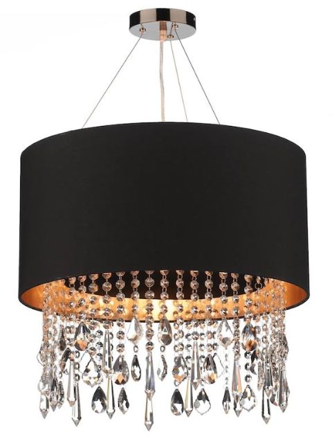 a chandelier hanging from the ceiling with black shade and crystal drops on it