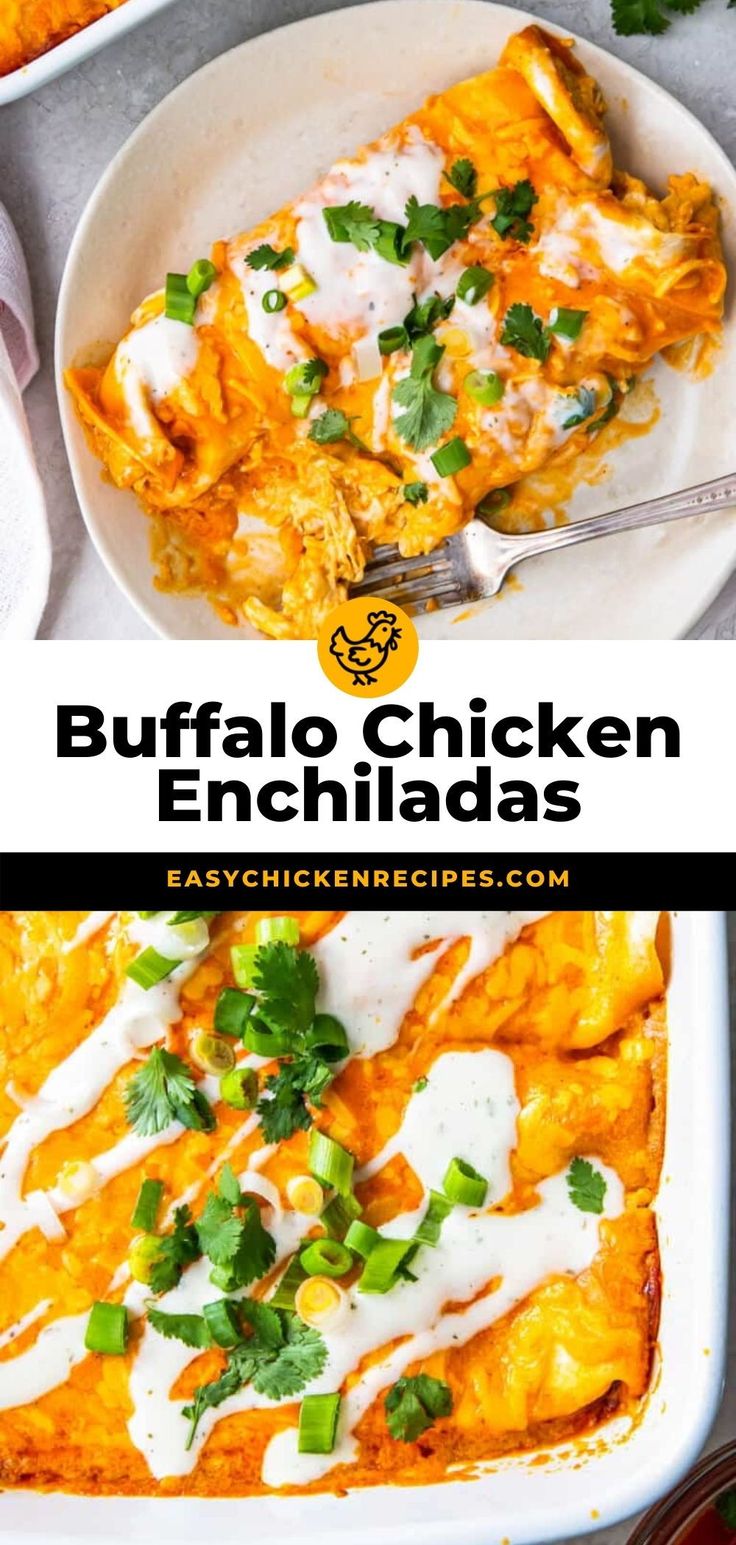 buffalo chicken enchiladas in a white casserole dish