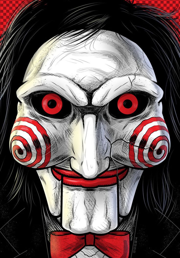 a drawing of a creepy clown with red eyes and black hair wearing a bow tie