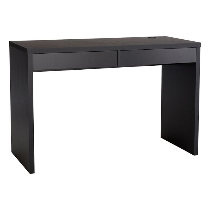 a black desk with two drawers on the top and one drawer at the bottom that is open