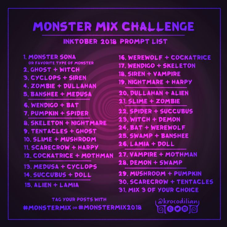 the monster mix challenge poster with numbers and names in purple on a dark blue background