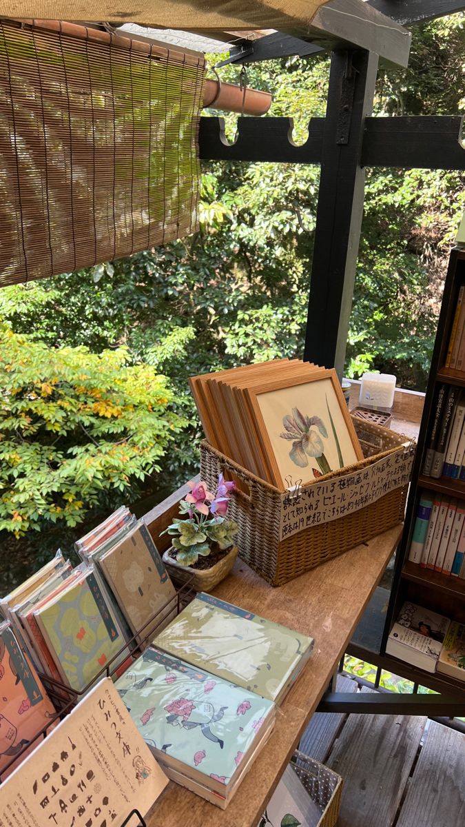 a table with books and pictures on it