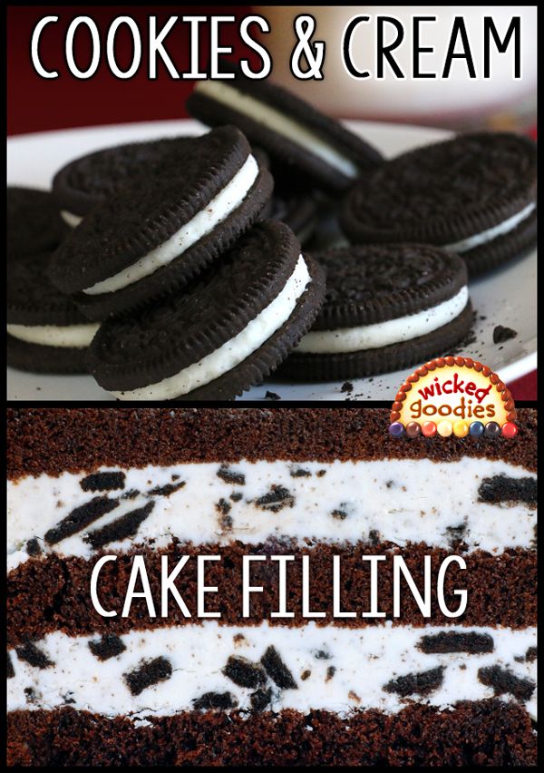 oreo cookies and cream cake filling on a plate with the words cookies and cream