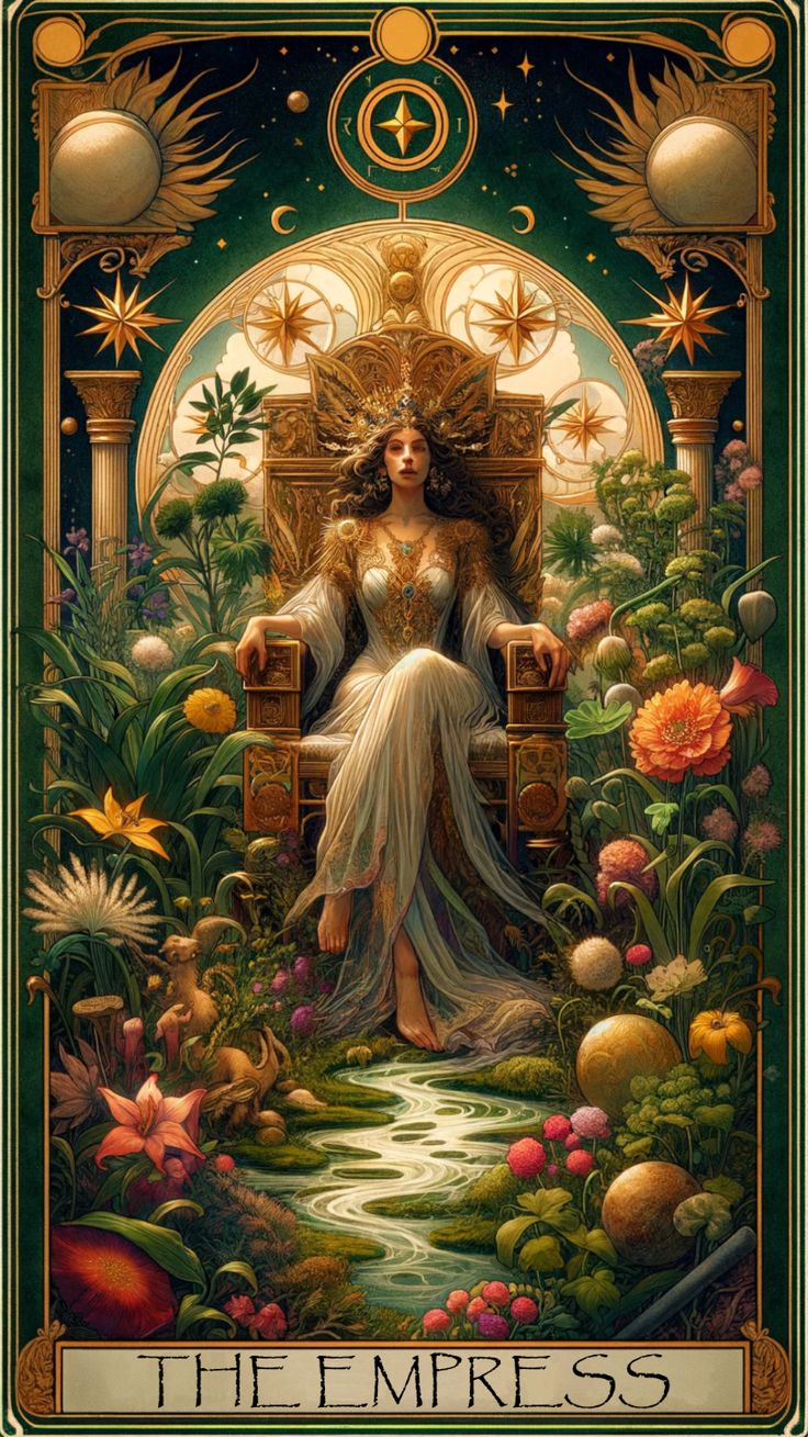 a woman sitting on top of a throne surrounded by plants and flowers in the background