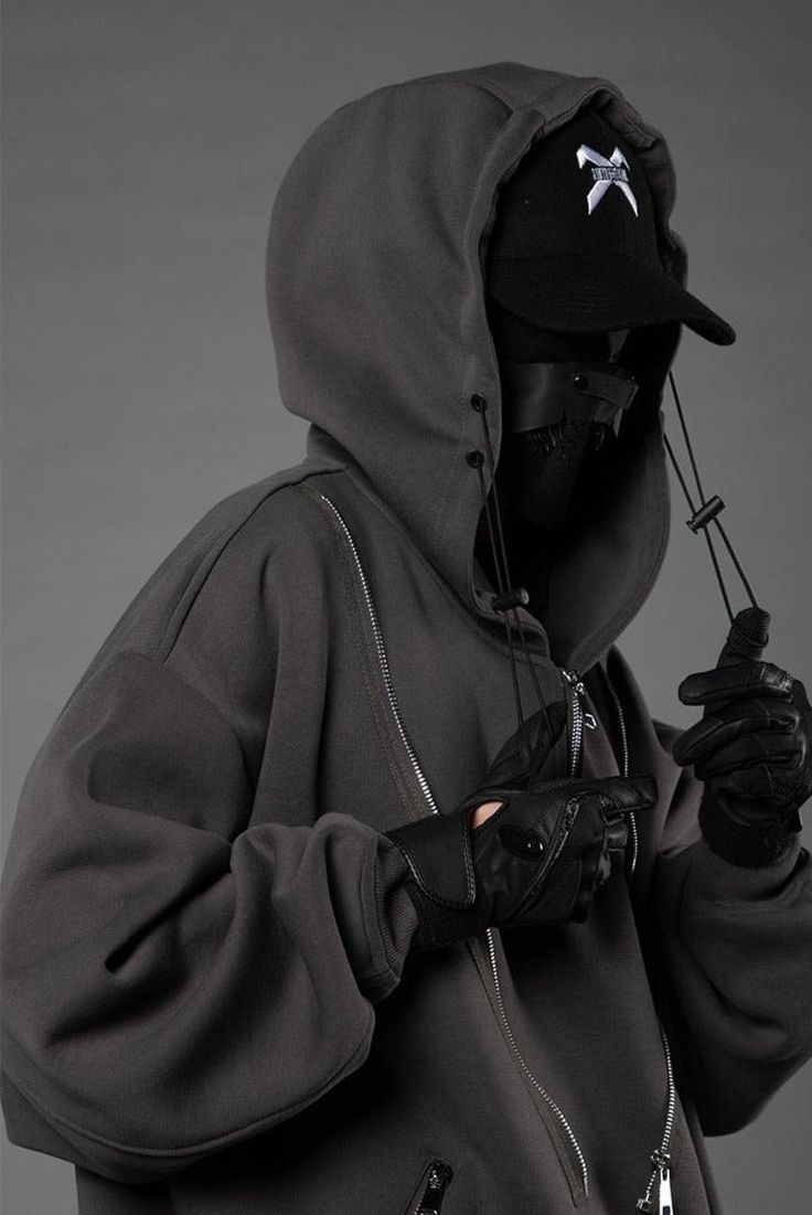 BXB Dark's heavy cotton hoodie, rib knit cuffs and hem, kangaroo double zip pocket at waist, double cross zipper from shoulder to stomach, panel cut hood, stand-up collar layered under hood, bungee style drawstrings at neck, embroidered logo at stomach. Composition - 100% Heavyweight Cotton Sizing: US/EU Oversized Fit Tactical Hoodie, Grey Zip Hoodie, Futuristic Helmet, Hiphop Streetwear, Define Your Style, Future Of Fashion, Mask Fashion, Warrior Girl, Funny Profile Pictures