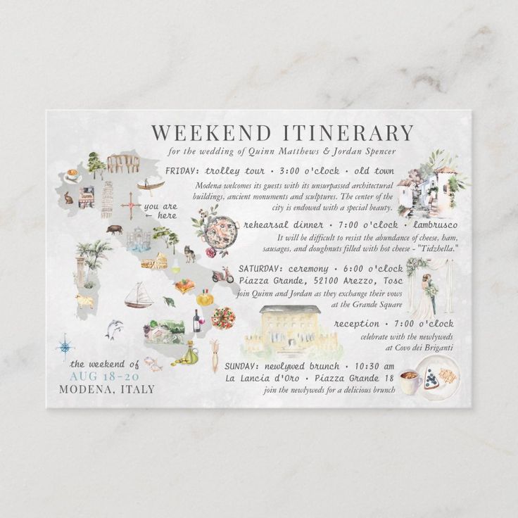 a white marble background with the words weekend itinerary written in english and spanish