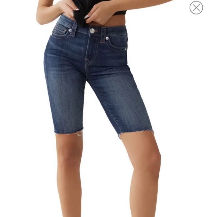 True Religion Riley Raw Hem Denim Knee Length Shorts Crossposted Denim Bottoms With Built-in Shorts Mid-thigh Length, Dark Wash Stretch Bottoms Short Length, Stretch Dark Wash Short Length Bottoms, Dark Wash Bottoms With Built-in Shorts, Fitted Medium Wash Denim Bermuda Shorts, Fitted Denim Bermuda Shorts In Medium Wash, Stretch Dark Wash Jeans In Short Length, Stretch Dark Wash Short Length Jeans, Dark Wash Stretch Jeans Short Length