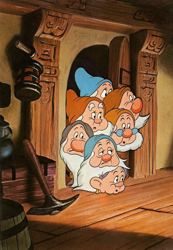 the seven dwarfs from snow white and the seven dwarfs are depicted in this animated scene