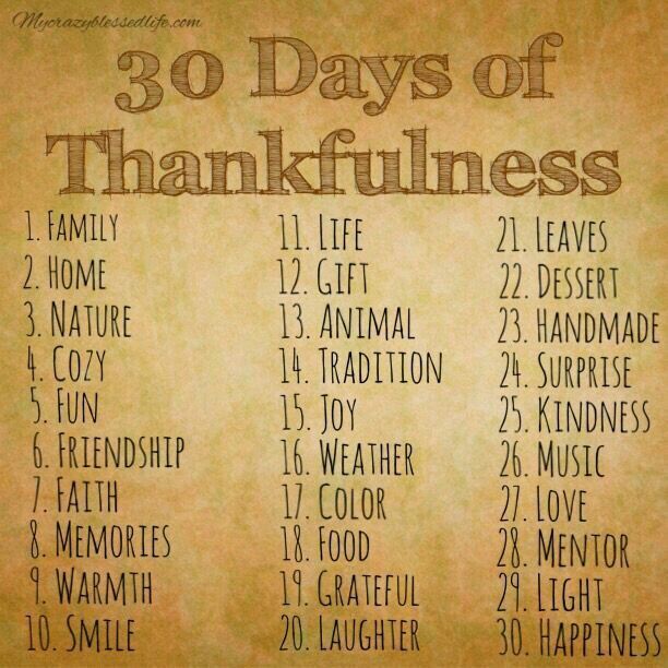 the 30 days of thanksgiving is shown on a piece of paper with words written in it