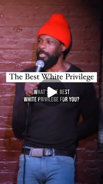 a man with a red hat is speaking into a microphone and the words, what's the best white privilege for you?