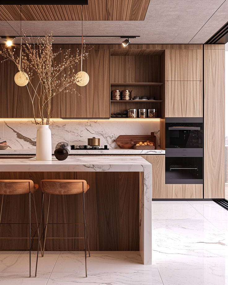 a modern kitchen with marble counter tops and wooden cabinets, along with two bar stools