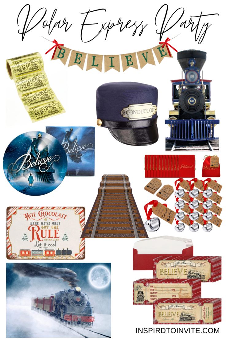 a collage of harry potter party items including train, hogwarts hat and other decorations