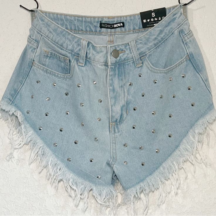 Fashion Nova Light Denim Embellished High Waisted Shorts Size Small Spike Me A Pose Denim Shorts New Measurements In Photo Used W/Iphone New, Shorts, Spikes, Festival, Denim Summer Denim Shorts With Rhinestones, Denim Shorts With Rhinestones For Summer, Rhinestone Jean Shorts For Summer, Trendy High Waist Jean Shorts For Parties, Summer Cutoff Jean Shorts With Rhinestones, Cutoff Jean Shorts With Rhinestones For Summer, Casual Jean Shorts For Summer Party, Casual Summer Party Jean Shorts, Rhinestone Jean Shorts For Spring