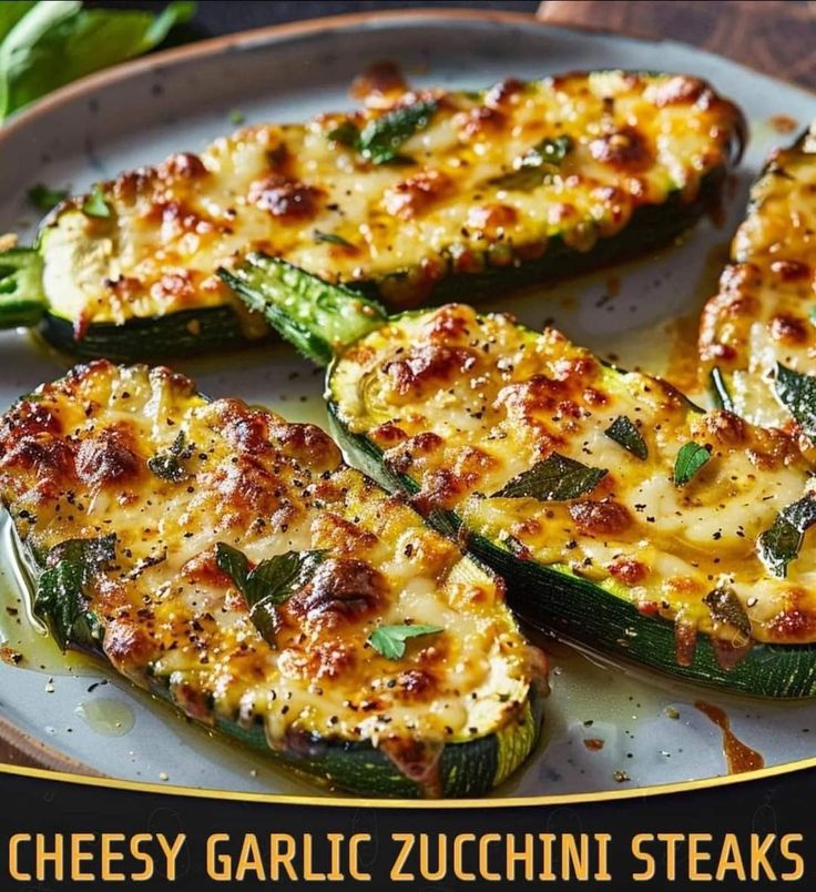 grilled zucchini with cheese and herbs on a plate