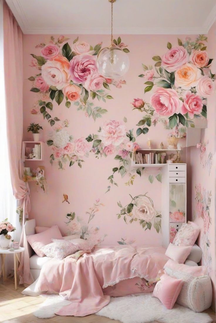 a bedroom decorated in pink and white with flowers on the wall