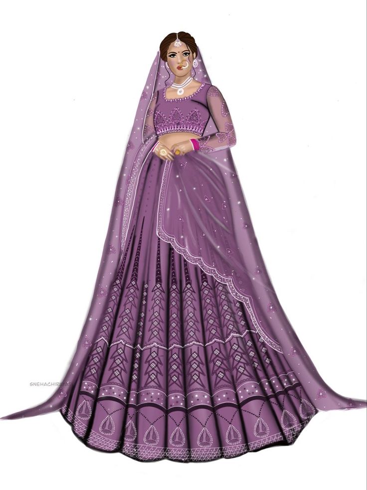 a drawing of a woman wearing a purple dress and headpiece with an elaborate veil