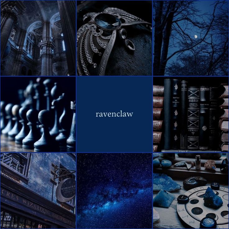 a collage of photos with the words ravenclaw written in black and blue