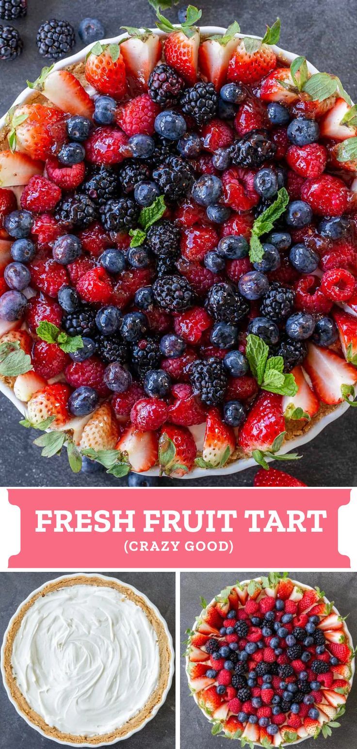 fresh fruit tart with whipped cream and berries in the middle, surrounded by other desserts