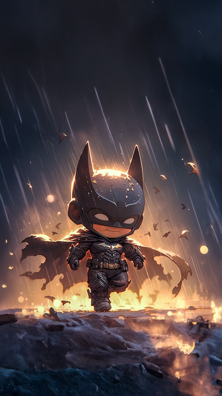 the dark knight in batman's suit is standing on fire and surrounded by birds