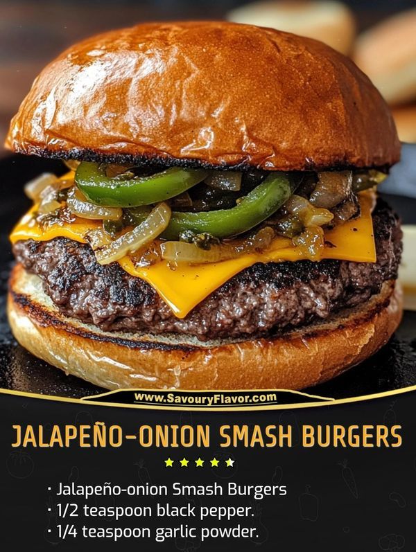 an advertisement for jalapeno - onion smash burgers with cheese and peppers