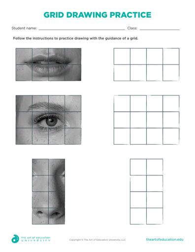 grid drawing practice sheet for students to learn how to draw the face and eyes with squares