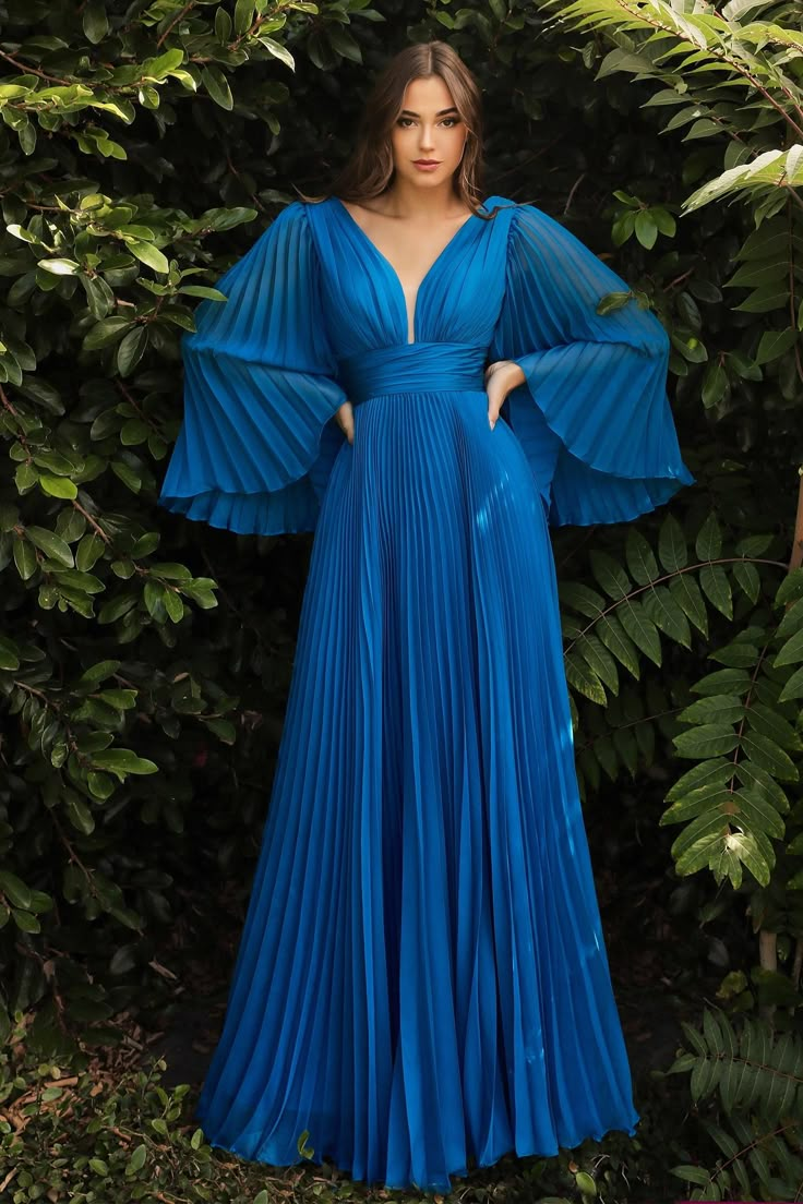 Jewel Tone Gown, Blue Gown With Sleeves, Blue Bridal Gown, Tall Height, Cinderella Divine, Long Sleeve Gown, Pleated Chiffon, Bridesmaid Dresses Prom, Chiffon Gown