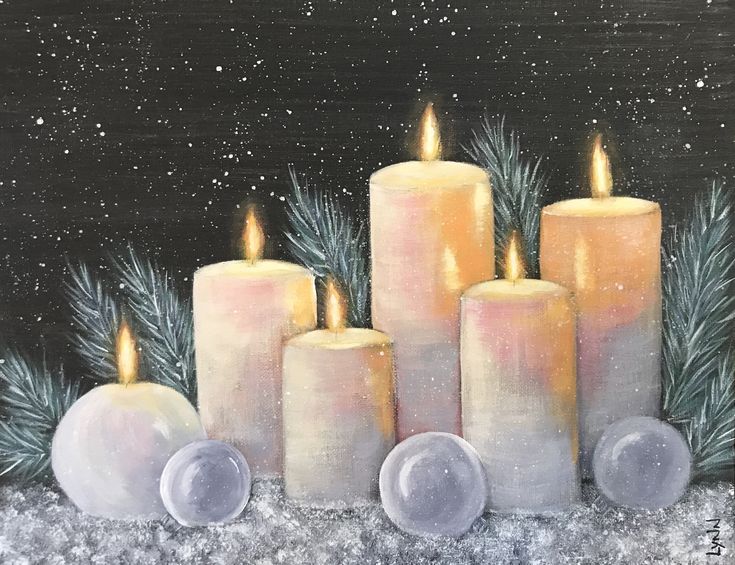 a painting of three lit candles surrounded by pine branches and snowflakes on a black background