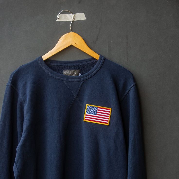 Casual Crew Neck Sweatshirt With Patches, Patriotic Crew Neck Sweatshirt For Fall, Patriotic Cotton Sweatshirt For Fall, Casual Crew Neck Sweatshirt For 4th Of July, American Style Cotton Long Sleeve Sweatshirt, Patriotic Cotton Sweatshirt With Relaxed Fit, Casual 4th Of July Crew Neck Sweatshirt, Patriotic Cotton Sweatshirt For 4th Of July, Long Sleeve American Style Cotton Sweatshirt