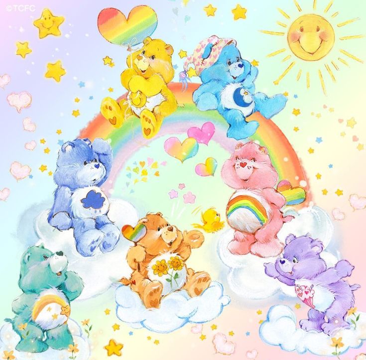 a group of teddy bears sitting on top of clouds with a rainbow in the background