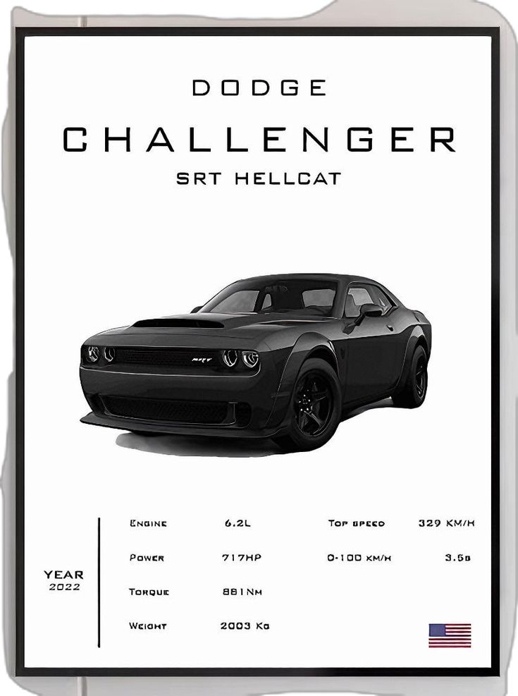 the dodge challenger srt hellcat is shown in black and white