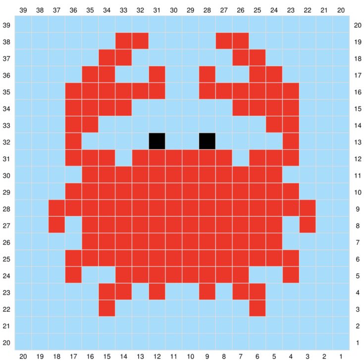 an image of a cross stitch pattern with a red crab in the middle and black eyes