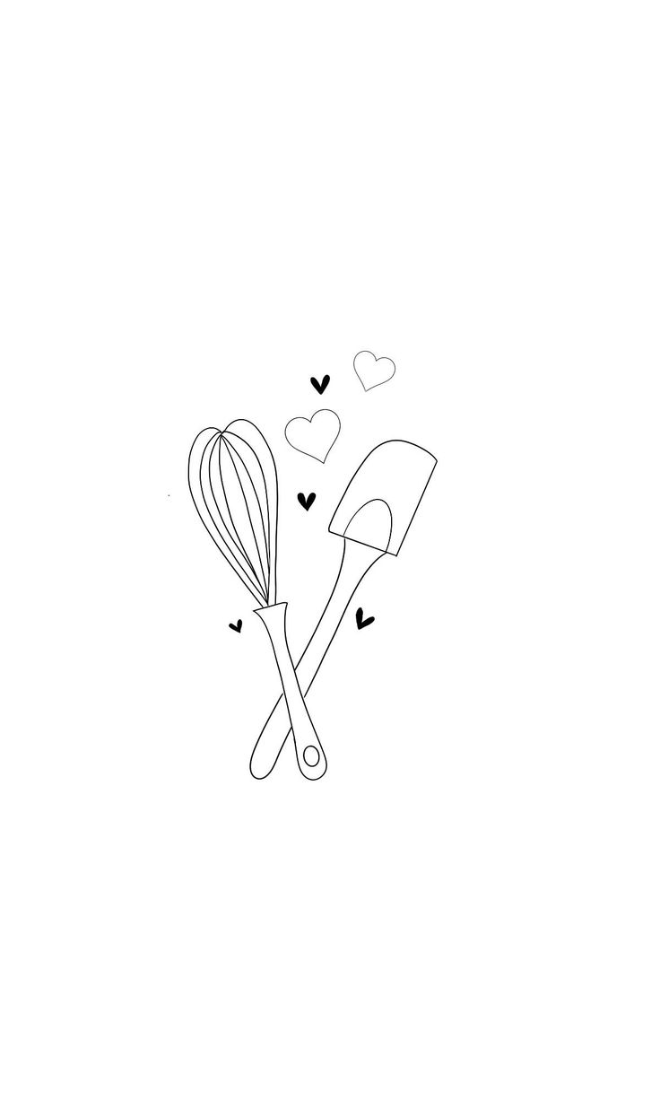 a black and white drawing of a whisk and heart shaped utensils