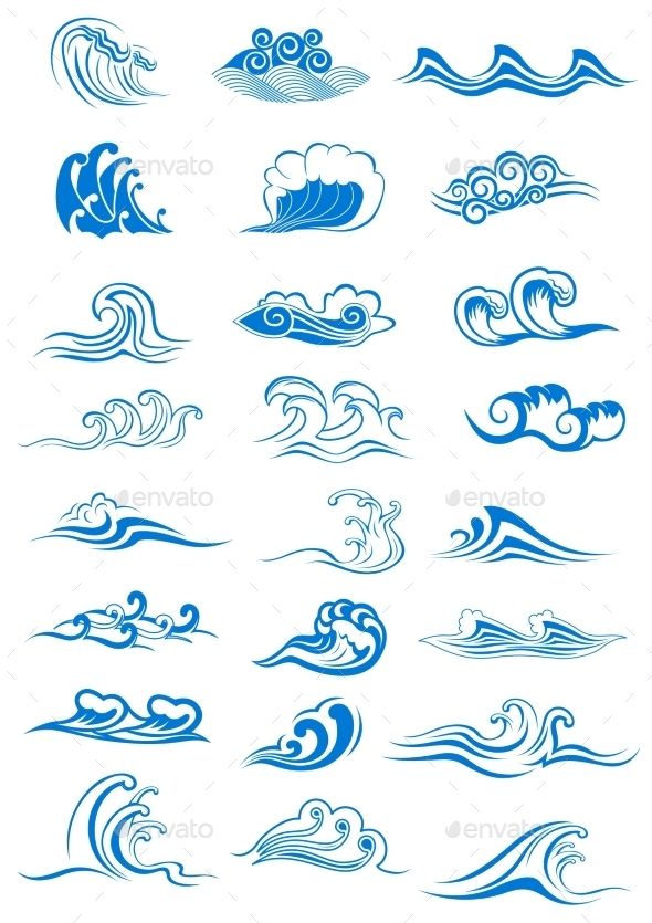 the different types of water waves and their designs are shown in blue ink on white paper