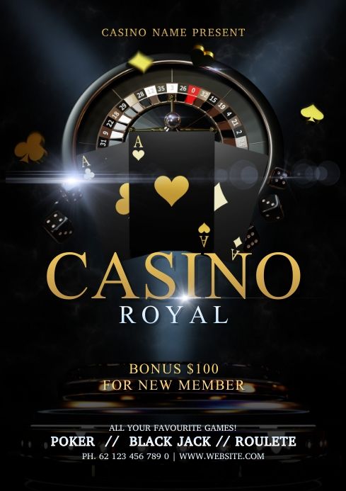 casino royal flyer with blackjack and roulee on the front, gold hearts in the back