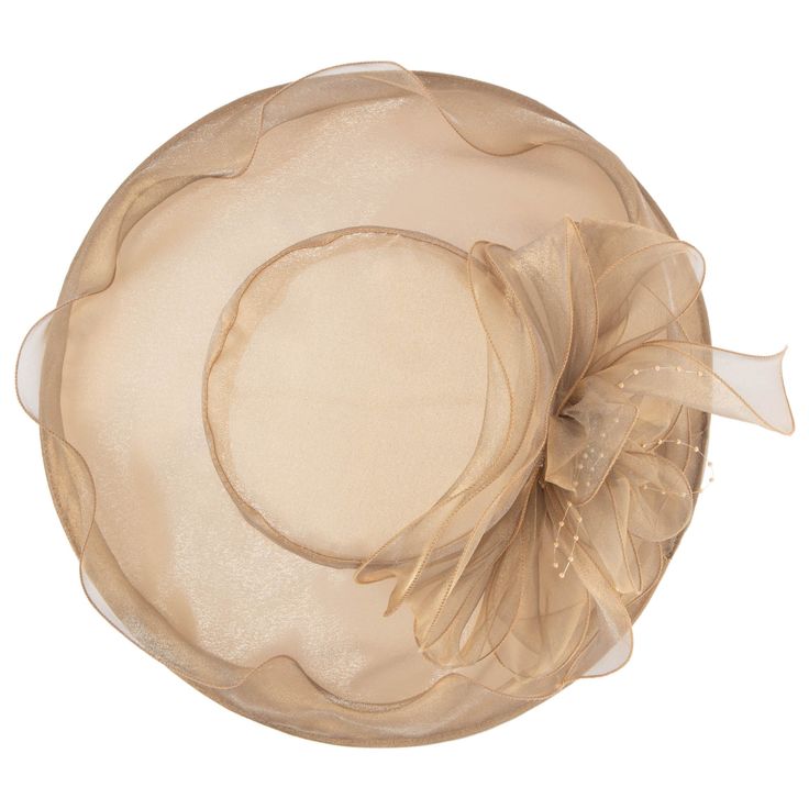 This Women's Gold Organza Mesh Dress Hat is the perfect addition to any wardrobe. Crafted from 100% polyester with an adjustable 5.5" brim, this hat is designed to stay securely in place. Its elegant gold color and stiff organza mesh makes it perfect for dress occasions. The hat is finished with a floral frill and pearl details for added charm. Features: Color: Gold Size: 57cm Brim Size: 5.5" Material: 100% Polyester Adjustable Adjustable Brimmed Lined Hat, Beige Adjustable Party Hat, Fitted Hat With Short Brim And Lining, Short Brim Hat For Church, One Size Fits Most, Lined Brimmed Hat, One Size Fits Most, Beige Adjustable Wide Brim Mini Hat, Beige Short Brim Fascinator For The Beach, Beige Short Brim Fascinator For Beach, Fitted Summer Visor Hat