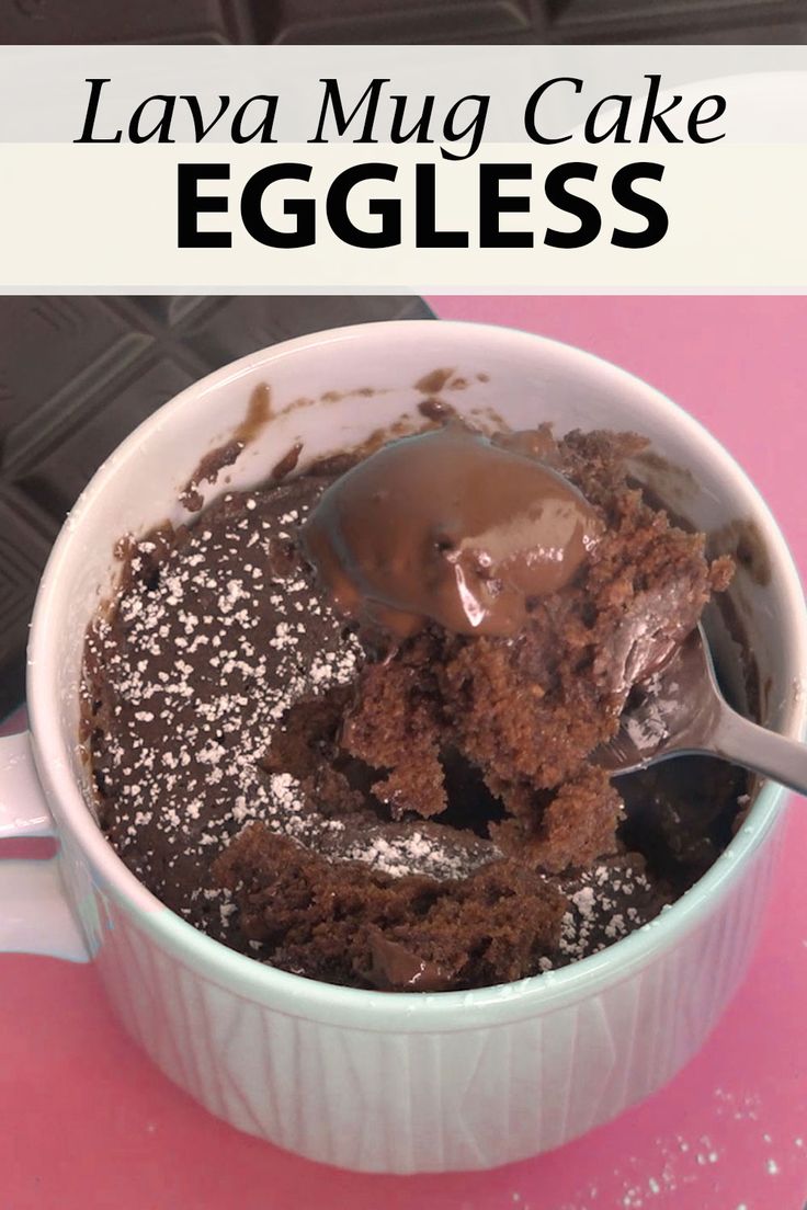 chocolate lava mug cake in a white bowl with spoon