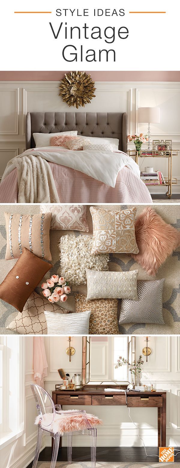 an image of a bedroom with pink and gold accents on the walls, bedding and furniture