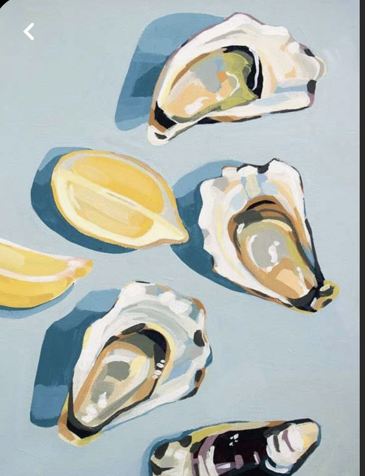 an oil painting of oysters on a blue background