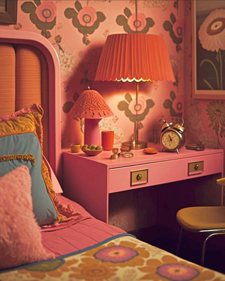 a bedroom with pink bedding and floral wallpaper, two lamps on nightstands