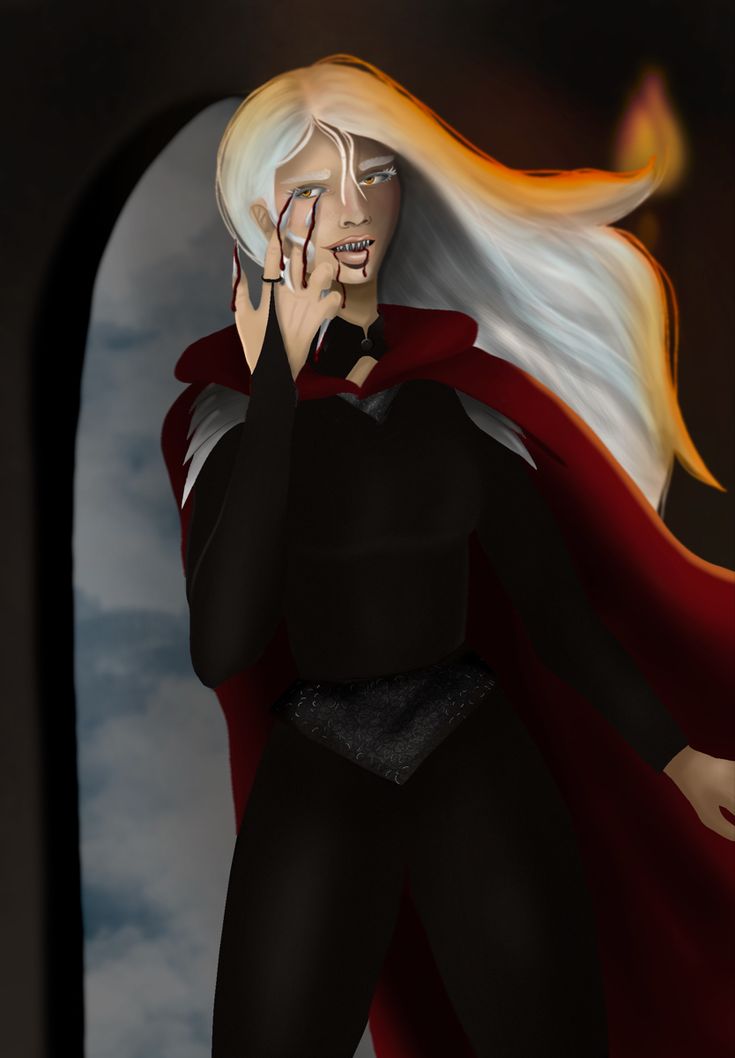 a woman with white hair and red cape talking on a cell phone while standing in front of a window