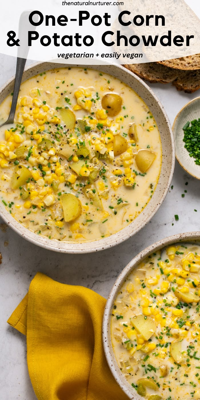 two bowls filled with corn and potato chowder