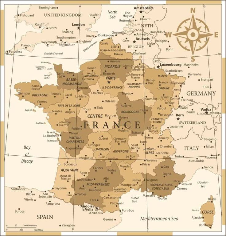 a map of france with all the major cities and towns in brown on white background