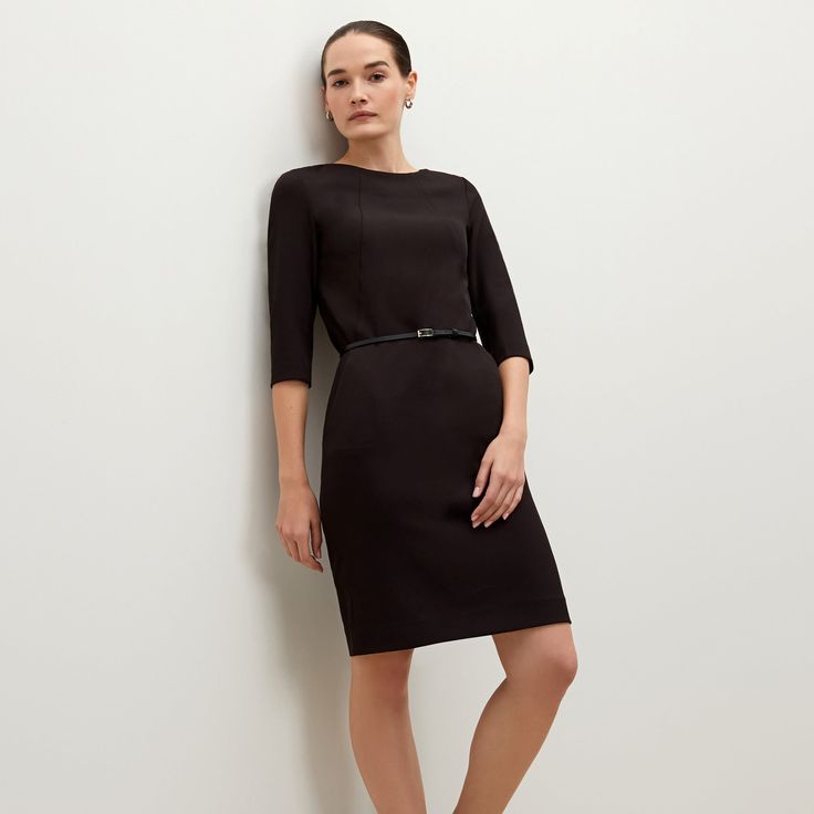 The Etsuko Dress - Black | M.M.LaFleur Half-sleeve Fall Workwear Dresses, Half Sleeve Fall Workwear Dresses, Fall Half-sleeve Workwear Dress, Office Dresses With 3/4 Sleeves, Office Stretch Elastane Dress, Elegant Mini Dress For Work With 3/4 Sleeves, Chic Stretch Dress With Half Sleeves, Modern Fitted Dresses For Fall, Fall Workwear Midi Dress With Half Sleeves