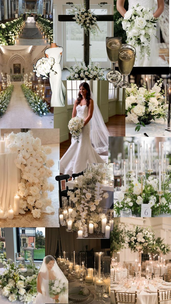 a collage of photos with white flowers and greenery