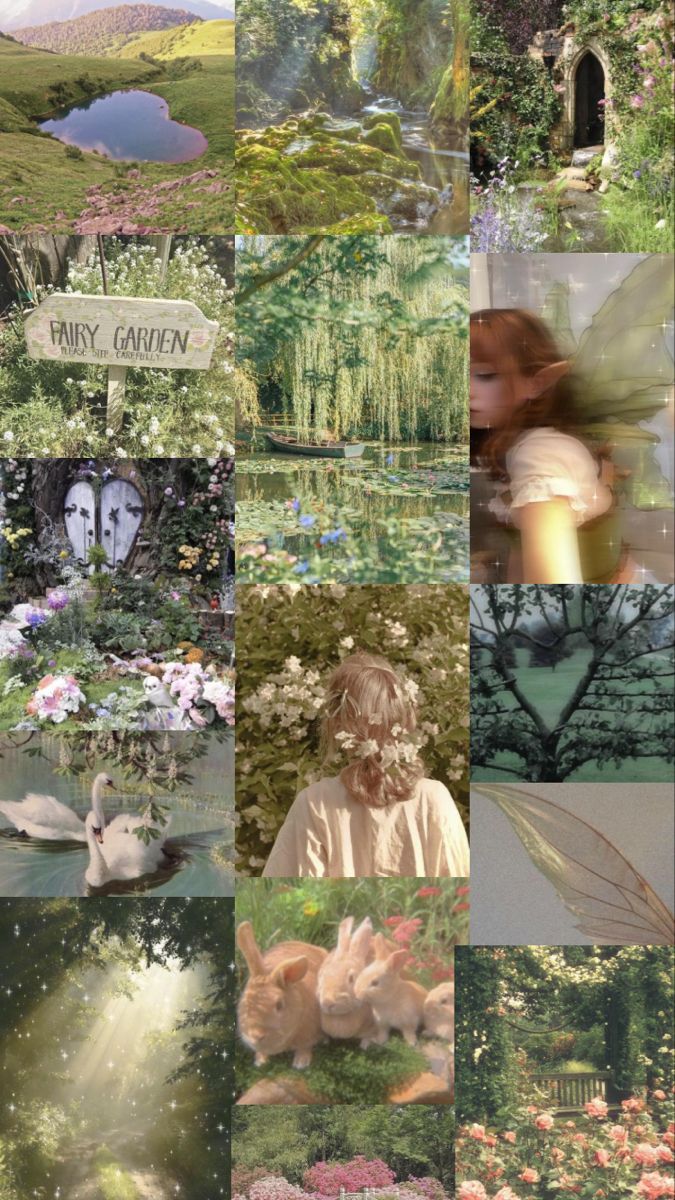 a collage of many different pictures with flowers and animals in them, including the words fairy garden